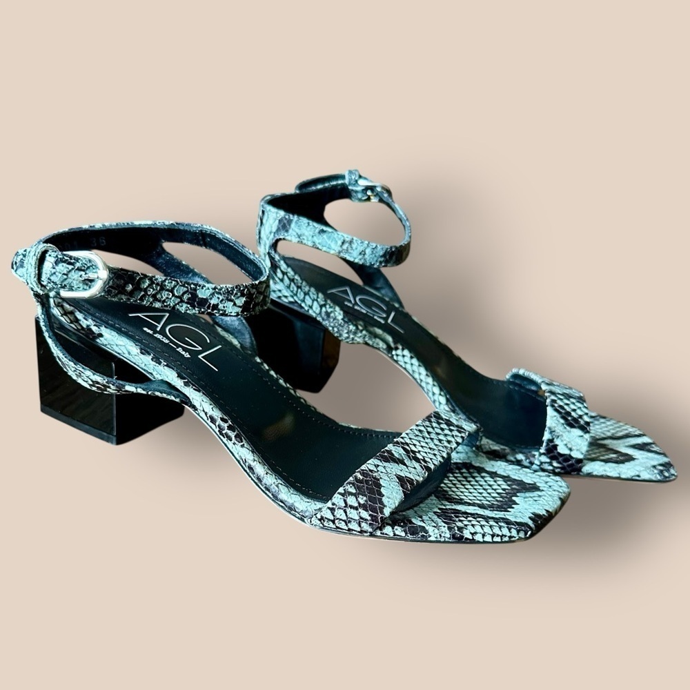 NWOT AGL Attilio Giusti Leombruni ‘Angie’ Sandal with Cube Heel in Green Snake 6
